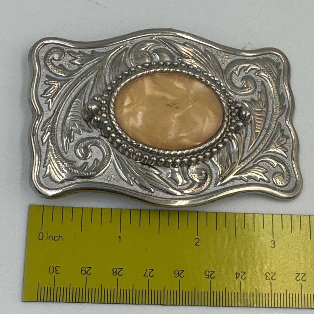 Vintage Western Belt Buckle Silver Tone Floral Scroll Faux Mother of‎ Pearl Tan